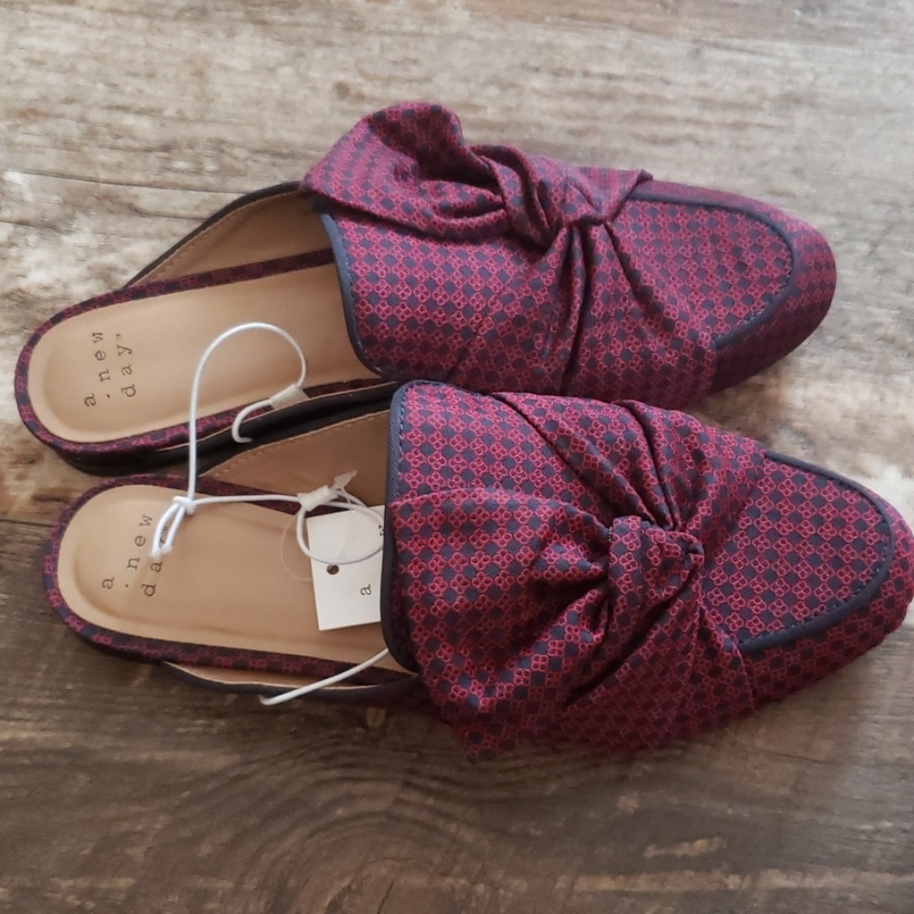 NEW Mules Preppy Bow Red Maroon Shoes Plaid Trendy - Picture 5 of 8